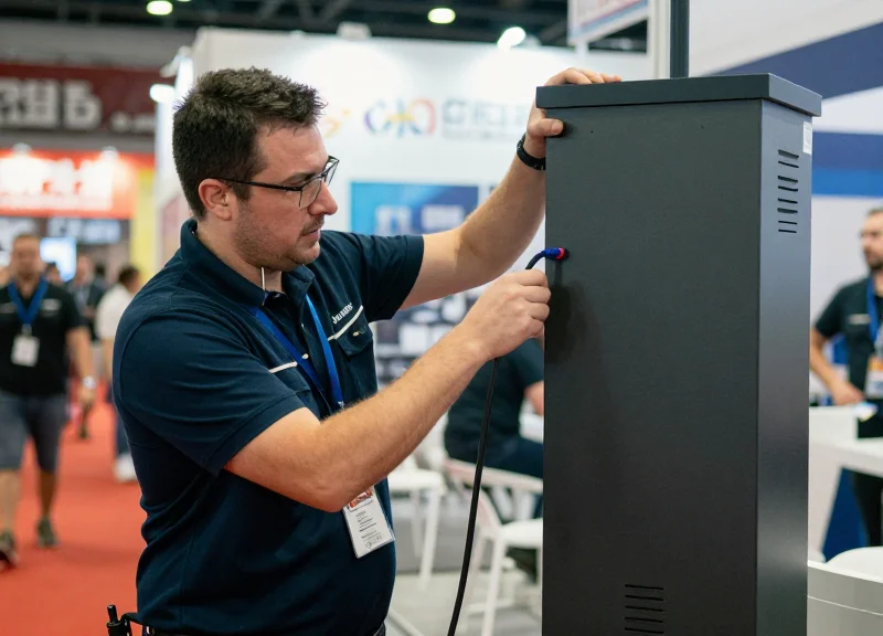 Technician installing a security pedestal at a booth entrance.