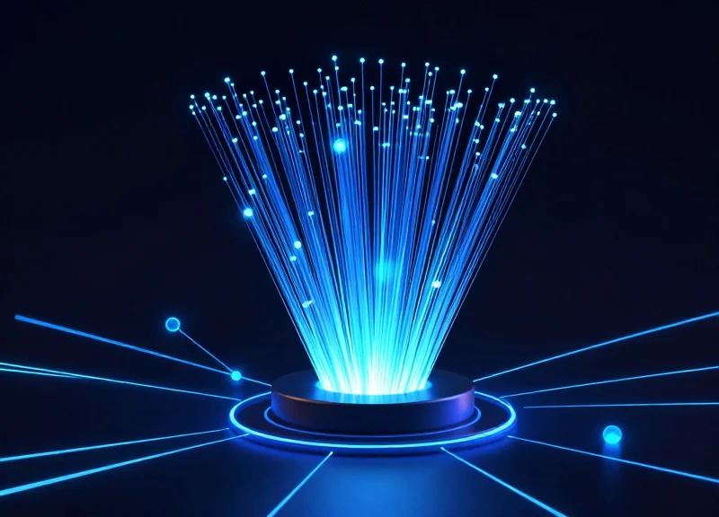 Abstract digital tracking signal surrounding a high-value product on a display pedestal in a tech expo.