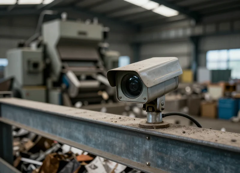 Close-up of a security sensor in a dusty recycling plant environment