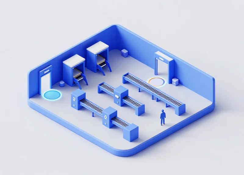 Isometric 3D model of a recycling center showing strategic EAS tag placement points