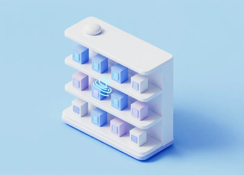 Isometric view of a smart retail environment using RFID technology for inventory and security tracking.