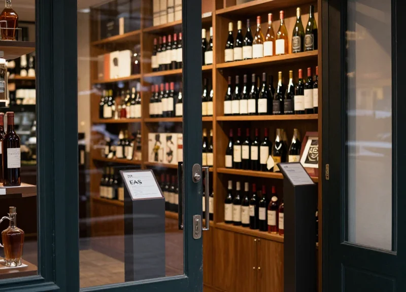 High-end retail environment showcasing premium spirits on shelves with discreet security measures in the background.
