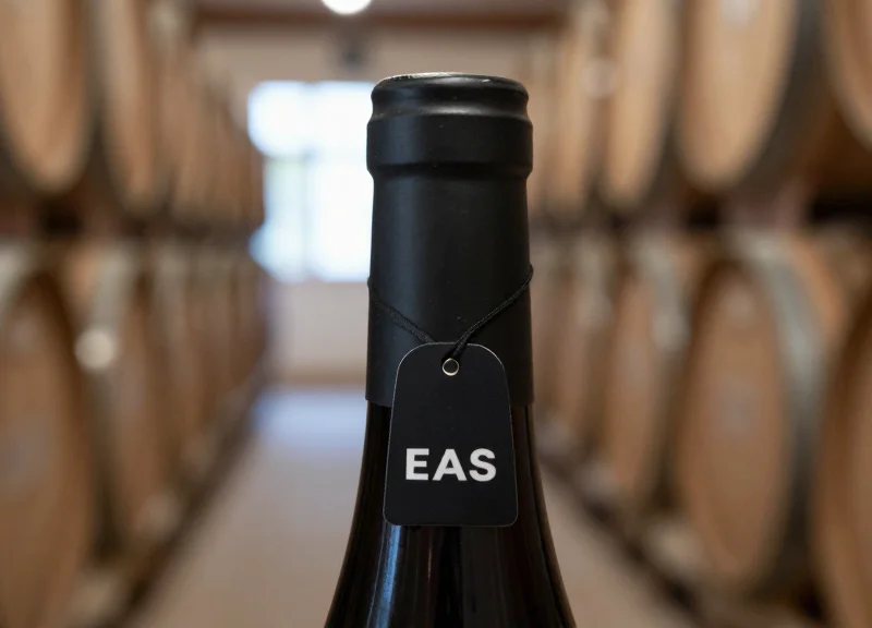 A premium bottle of wine with a modern black security collar tag attached to its neck.