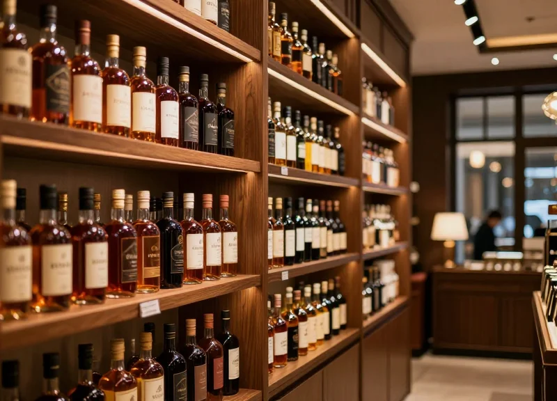 Wide shot of a luxurious boutique liquor store with premium bottles on illuminated wooden shelves.