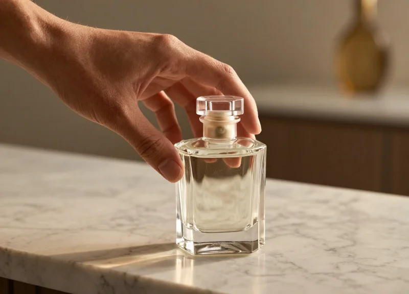 Close-up of a hand picking up a premium bottle with a discreet, elegant security cap in a luxury setting.