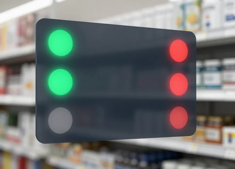 Abstract digital shelf labels displaying price and security status symbols in a modern interface.