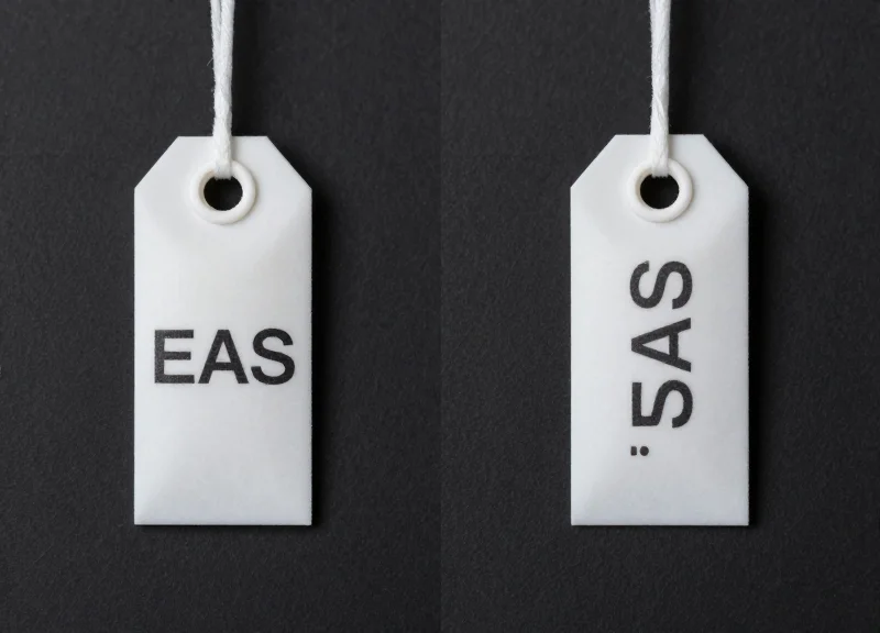 Side-by-side comparison of two different EAS security tags for bottles on a minimalist surface.