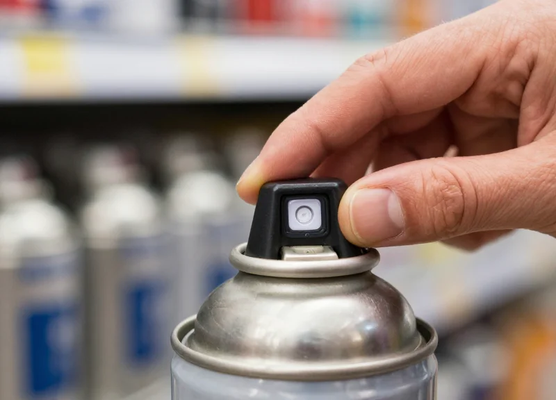 Close-up of a security tag being placed on the bottom of an aerosol spray can.
