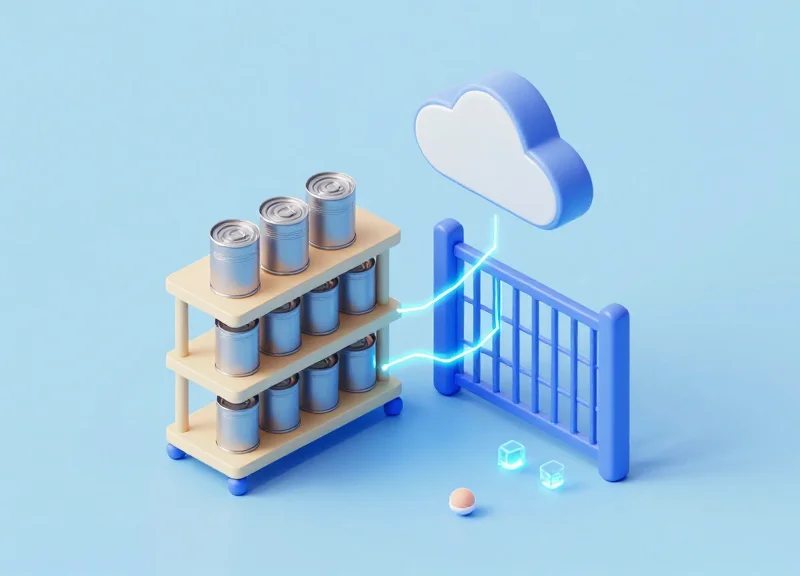 3D isometric illustration of a hybrid RFID-EAS system for inventory and security.