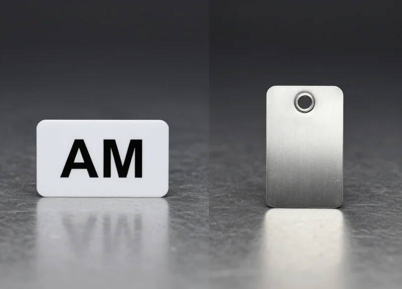 Visual comparison between an AM anti-metal tag and an RFID anti-metal tag on a metal surface.