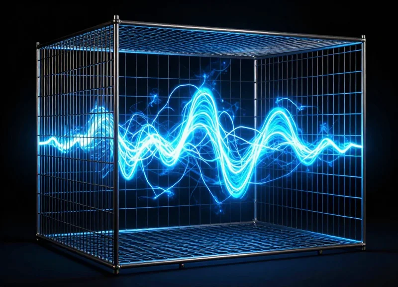 A surrealist depiction of electromagnetic waves being blocked and reflected by a dense metallic cage.