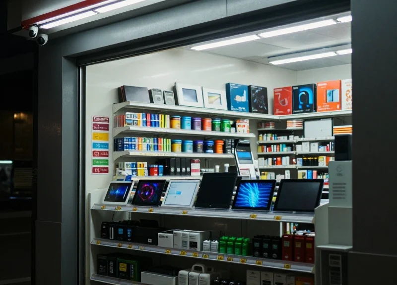 Realistic interior of a small retail store focusing on the electronics and battery aisle with security cameras visible.