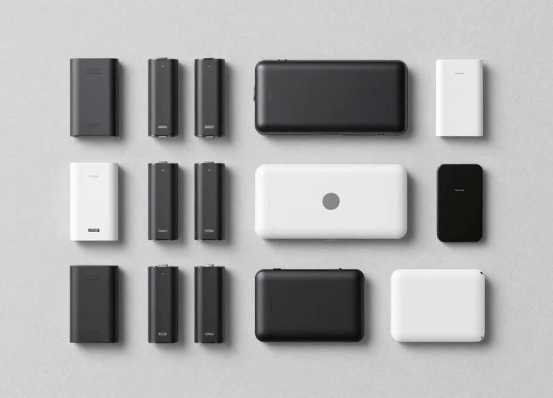 A top-down organized arrangement of various battery packs and small high-value retail items.