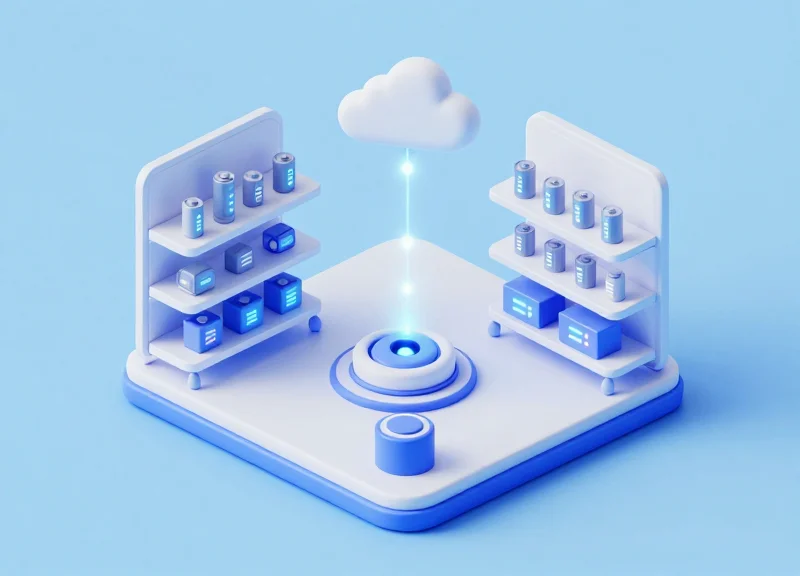 3D isometric model of a smart retail shelf with RFID tracking and digital connectivity.