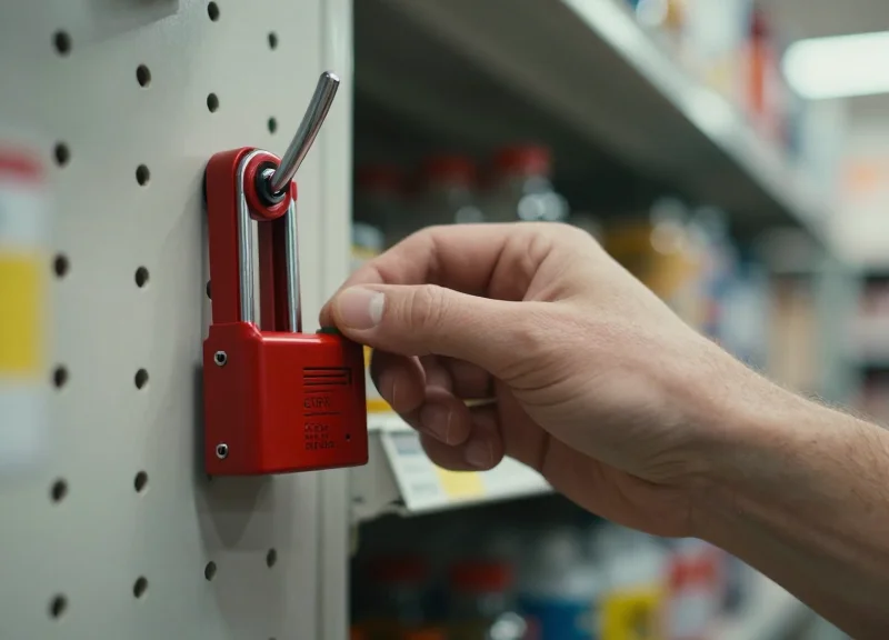 Installation of a red security stop lock on a metal retail pegboard hook.