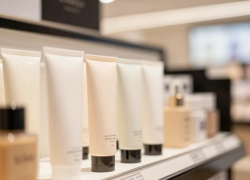 Luxury beauty product tubes on a high-end retail shelf with soft bokeh background.