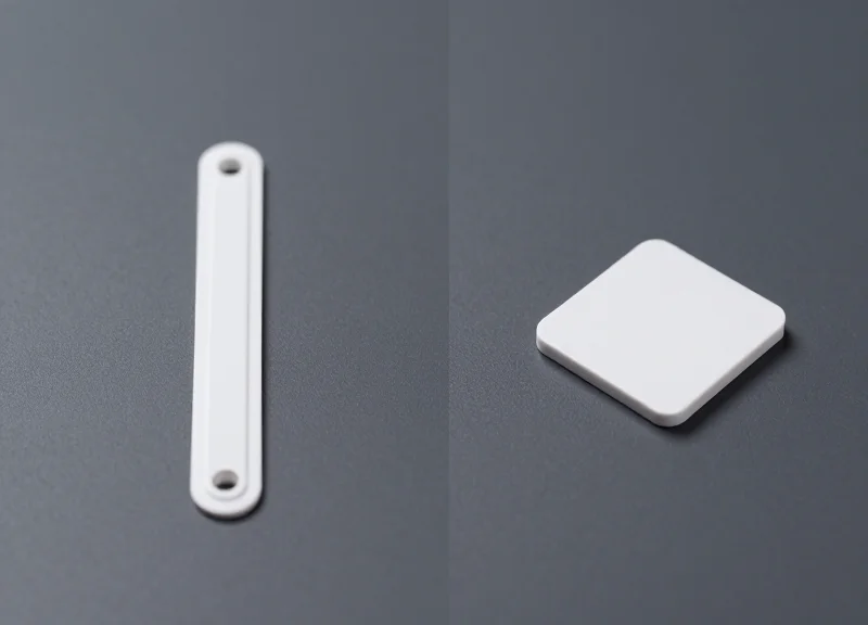 Side-by-side comparison of two different EAS security label technologies on a neutral background.