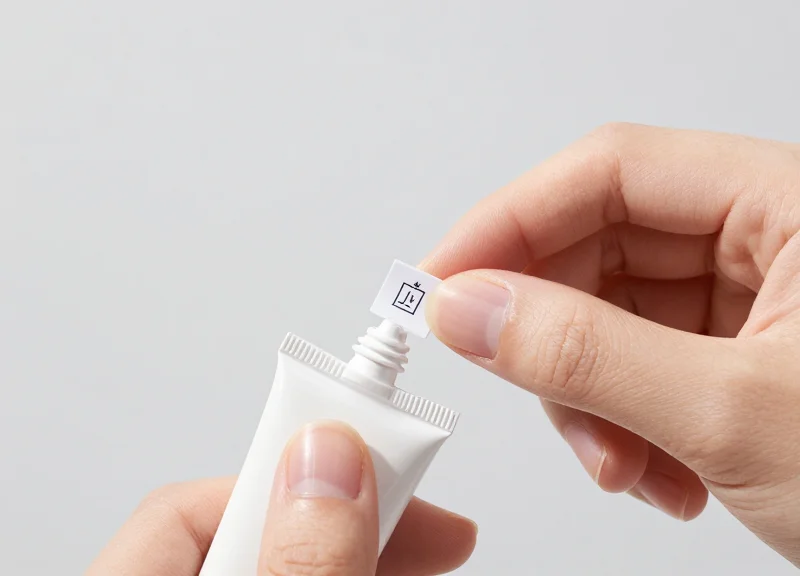 Demonstration of the ideal location for an EAS label on the crimped end of a beauty tube.