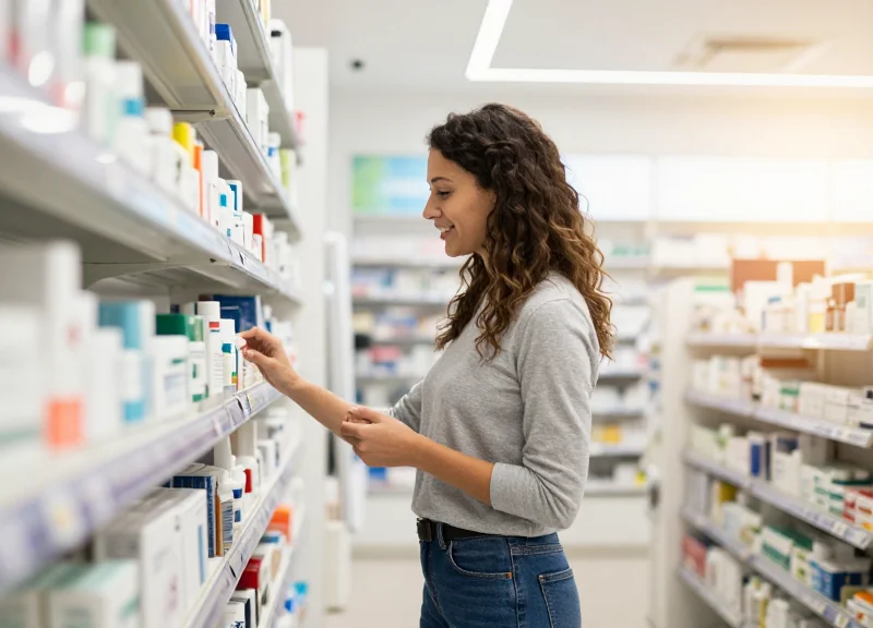 A smiling shopper in a bright, secure pharmacy, representing a positive customer experience.