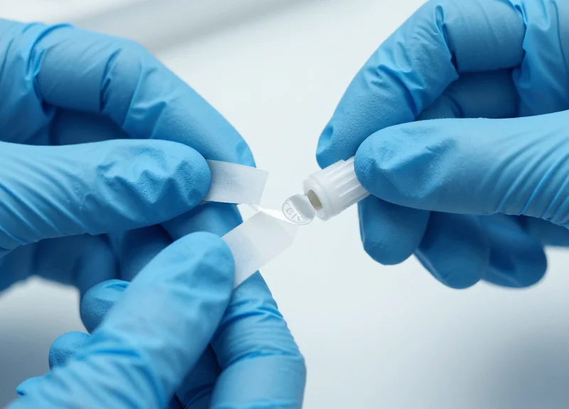 A close-up of gloved hands carefully applying a label to a micro-tube