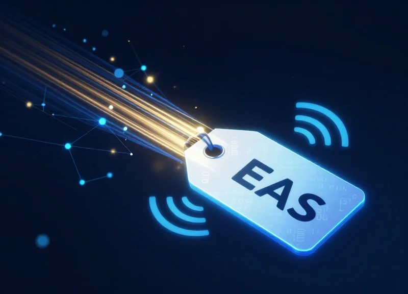 Futuristic concept showing a security tag emitting digital data and RFID signals.