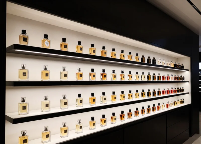 Luxury retail display with discreetly integrated security tags on high-end perfume bottles.