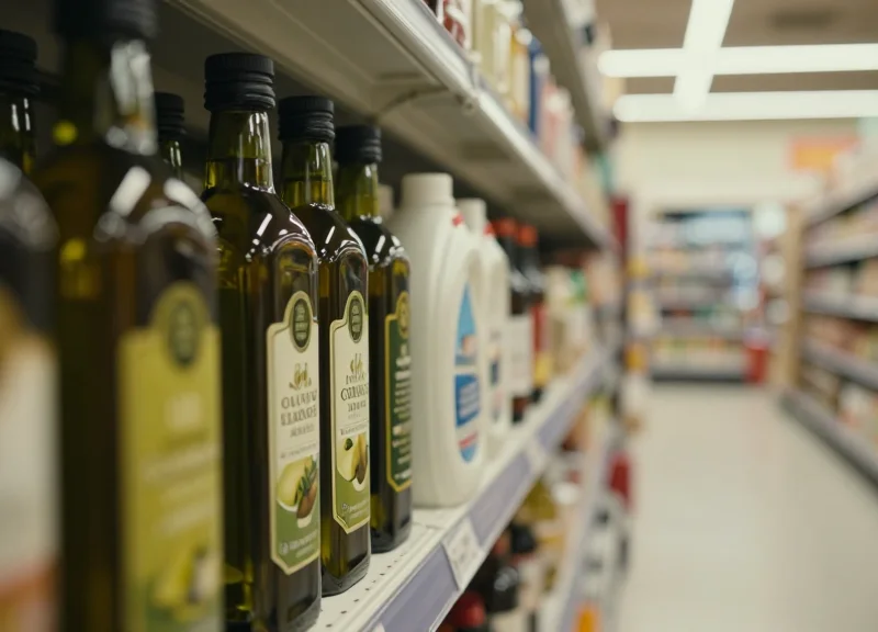 Close-up of premium liquid products on grocery store shelves with a cinematic depth of field
