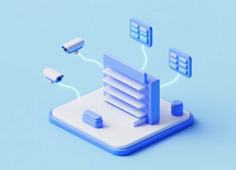 Isometric 3D model of a grocery store security ecosystem with interconnected nodes