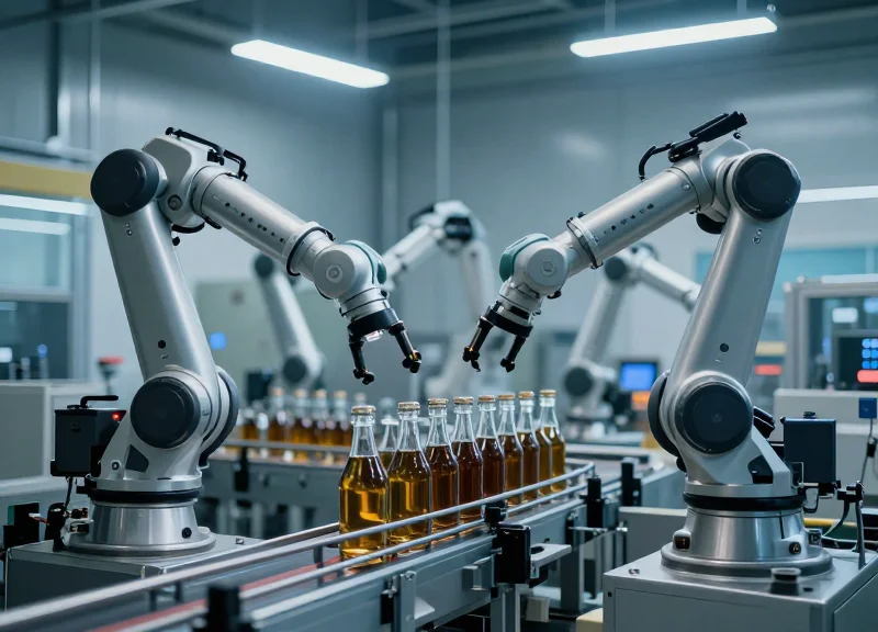 A futuristic automated warehouse with robotic systems handling liquid products in glass containers