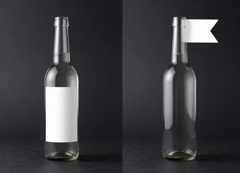 Side-by-side comparison of a standard flat RFID label versus a protruding flag-tag on glass bottles