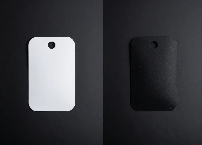 Two different EAS tag locking mechanisms shown side-by-side on a minimalist surface