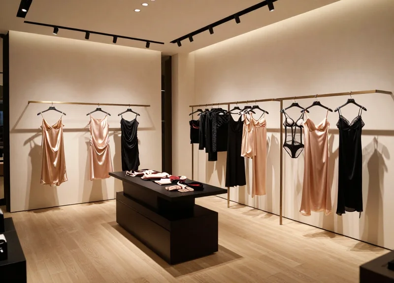 Interior of a high-end luxury lingerie boutique with elegant displays and soft lighting.