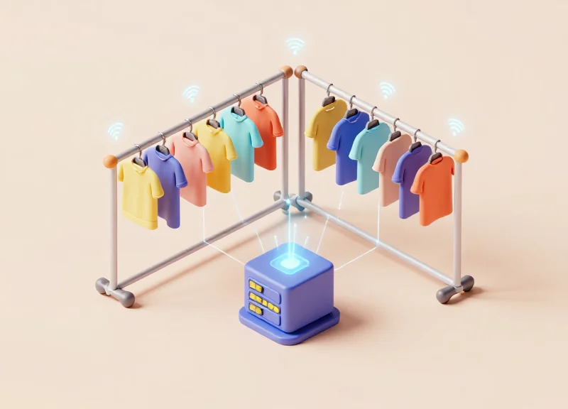 Isometric 3D model of a boutique shelf showing integrated RFID and security tracking.
