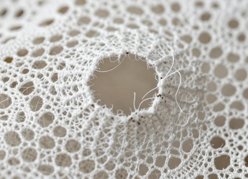 Close-up of delicate lace fabric showing a visible hole and pulled threads from a thick needle.