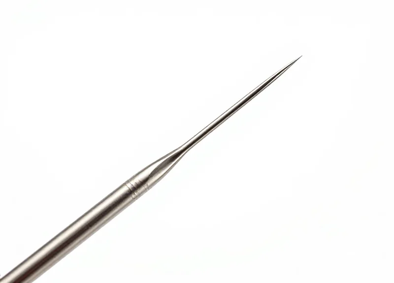 Extreme macro photography of a high-precision 0.6mm fine steel needle for security tags.