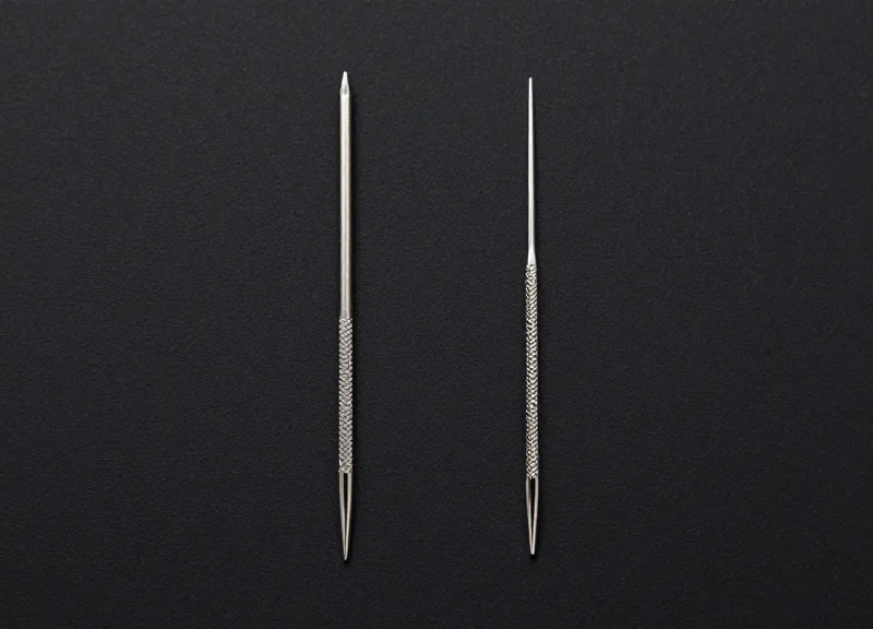 Side-by-side visual comparison of a thick standard security needle and a thin ultra-fine needle.
