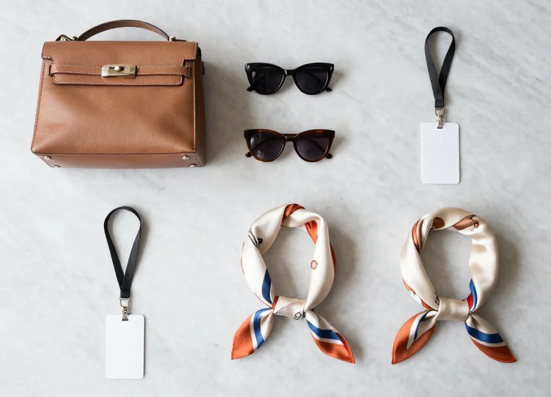 Organized display of luxury fashion accessories with discreet lanyard security tags.