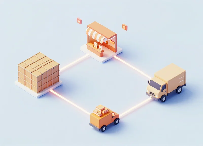 3D isometric model showing the connection between a store, warehouse, and online fulfillment.