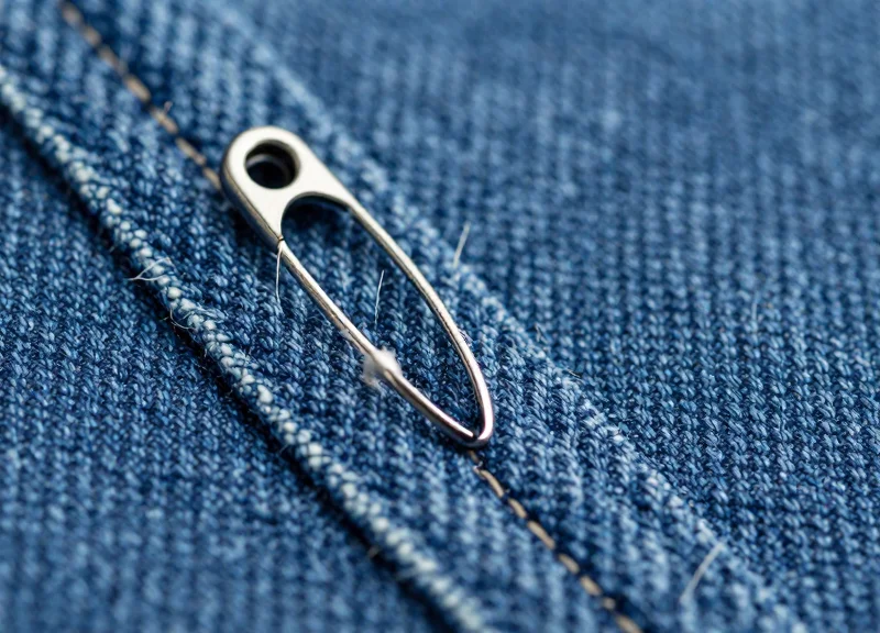 Macro shot of high-quality denim fabric with a security tag showing no damage to fibers