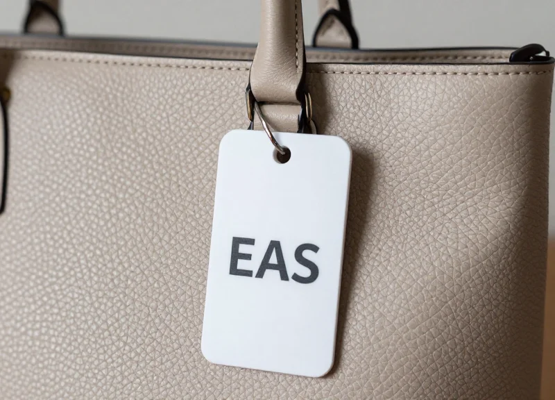 Close-up of a security tag safely attached to a luxury leather purse without damaging the material.