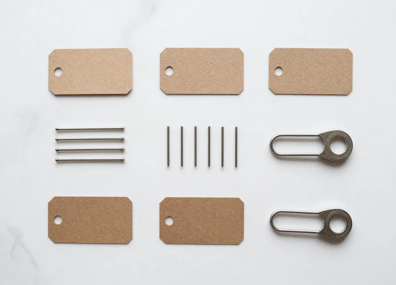 Neatly arranged retail security components including tags, pins, and a detacher on a marble surface.