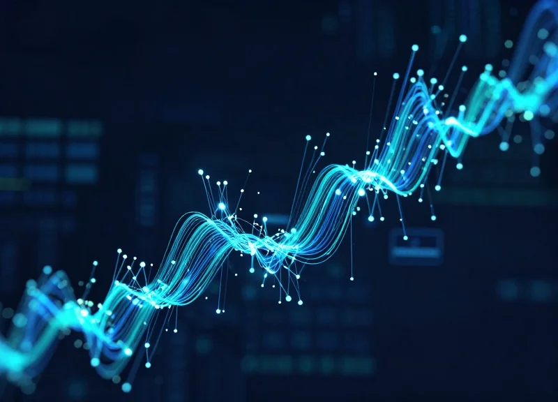 Abstract digital data visualization showing glowing RFID signals moving through a retail space.