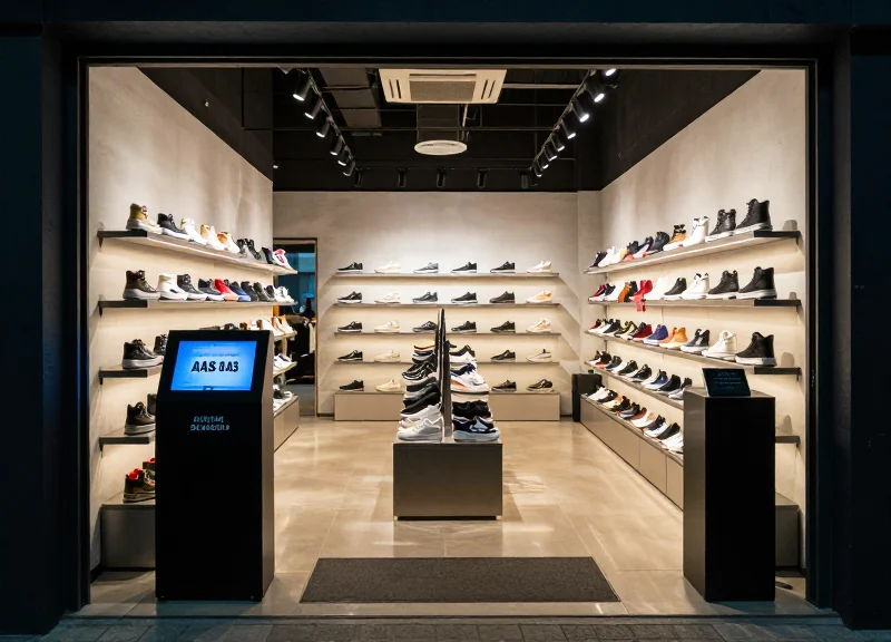 Wide shot of a modern, high-end sneaker boutique with security antennas at the entrance and blurred rows of branded footwear.