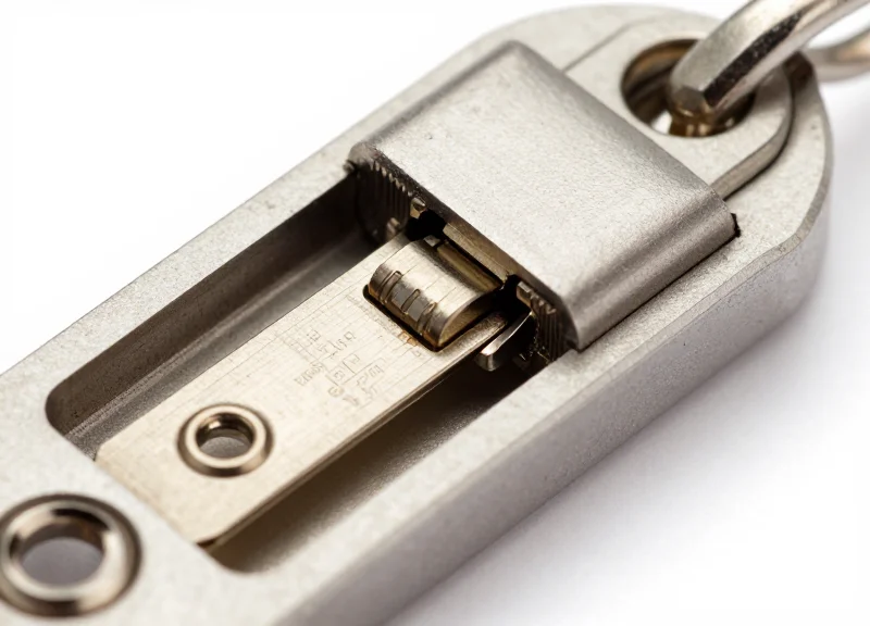Detailed macro shot of a tamper-resistant locking mechanism on a security tag.