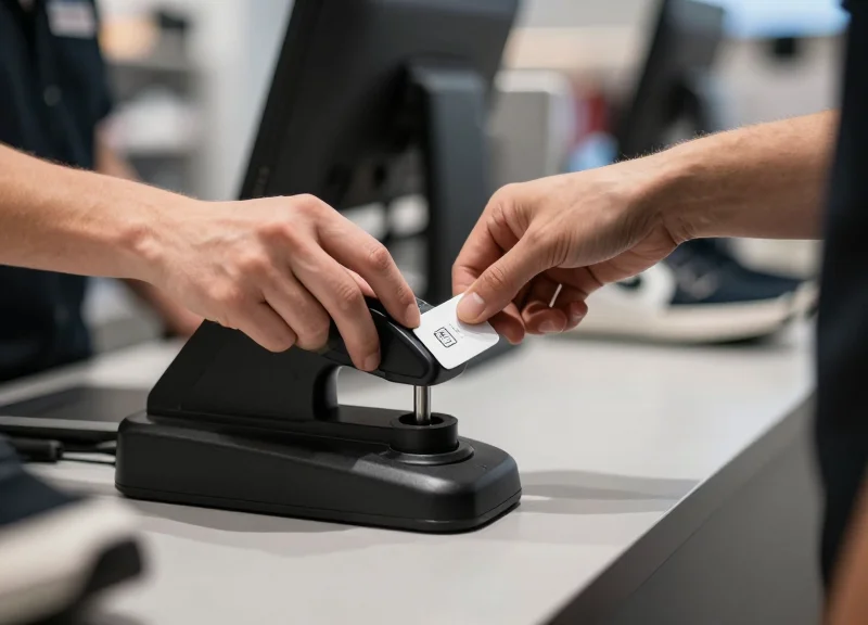 A retail employee using a professional detacher at a checkout counter to remove a shoe tag.