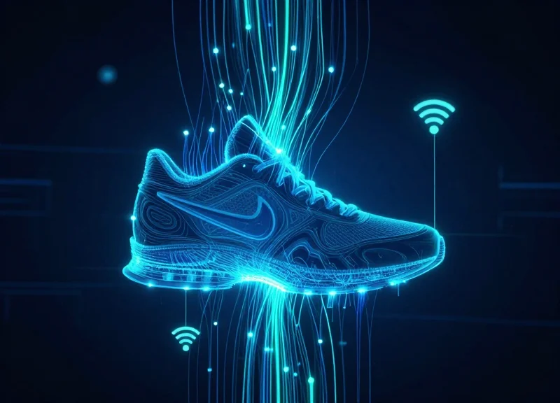 Abstract digital representation of RFID waves and data nodes surrounding a shoe silhouette.