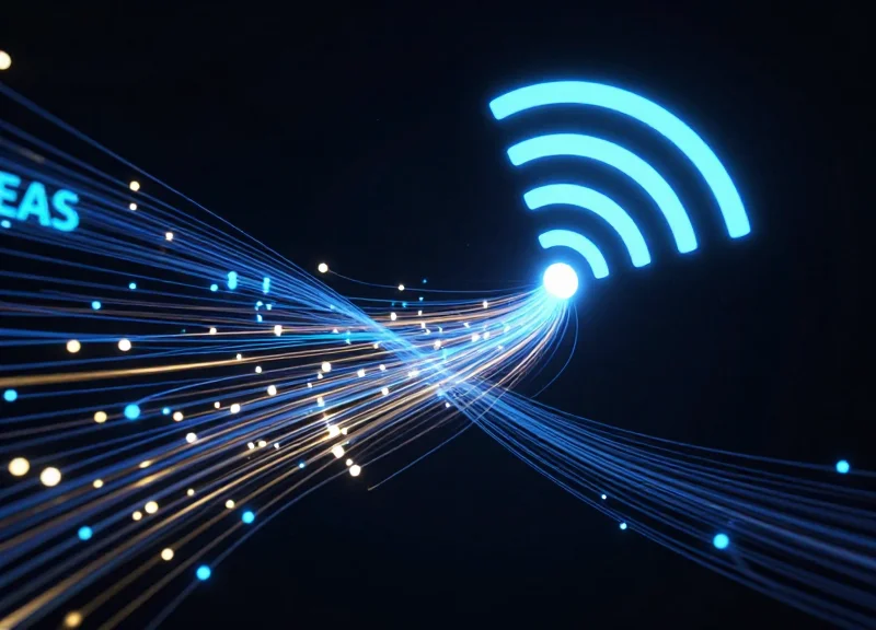Abstract digital representation of EAS and RFID security signals merging together in a technological flow.