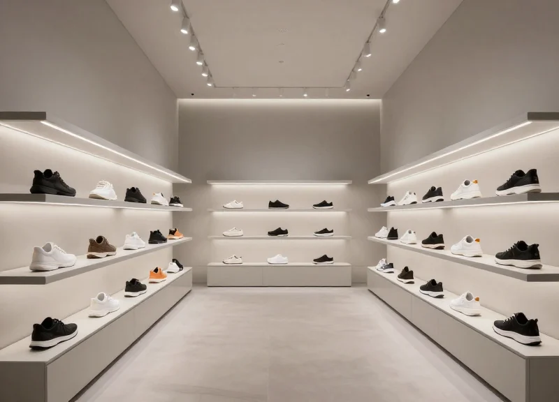 A modern, high-end shoe retail store featuring sleek displays and luxury footwear under cinematic lighting.