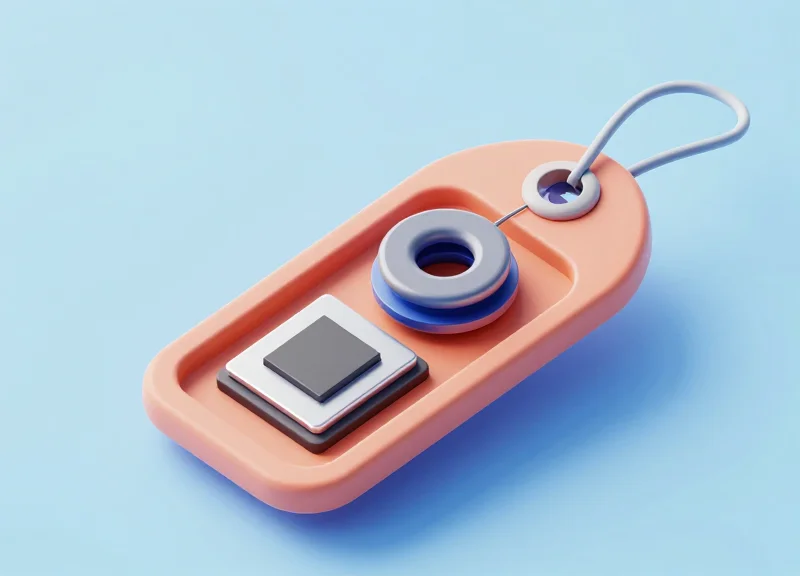 An isometric 3D model of a security tag showing internal electronic components like an RFID chip and an EAS coil.