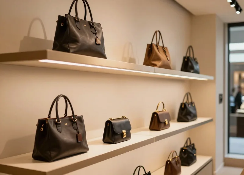 Luxury boutique interior with designer leather goods elegantly displayed on shelves under soft ambient lighting.